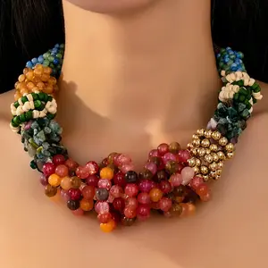 Natural Mixed Seven-color Chip Beads & Pearl Necklace, Aquamarine & Clear Quartz