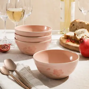 4-Piece 6.4 Inch Cereal Bowl Set - Hand-Painted Portuguese Stoneware - Porto Petals - Blush Pink