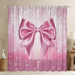 Kids Pink Bowknot Blackout Curtains Dreamy Princess Darkening Drapes Boys Girls Glitter Window Curtains Watercolor Bow Teens Window Treatments Bedroom Decor (2 Panels ),summervibes