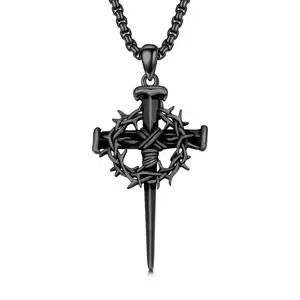 Three Nail Cross Necklace Crown Of Thorn Cross Pendant Three Nail Cross Christian Jewelry Gift For Men Women Unisex Devotion