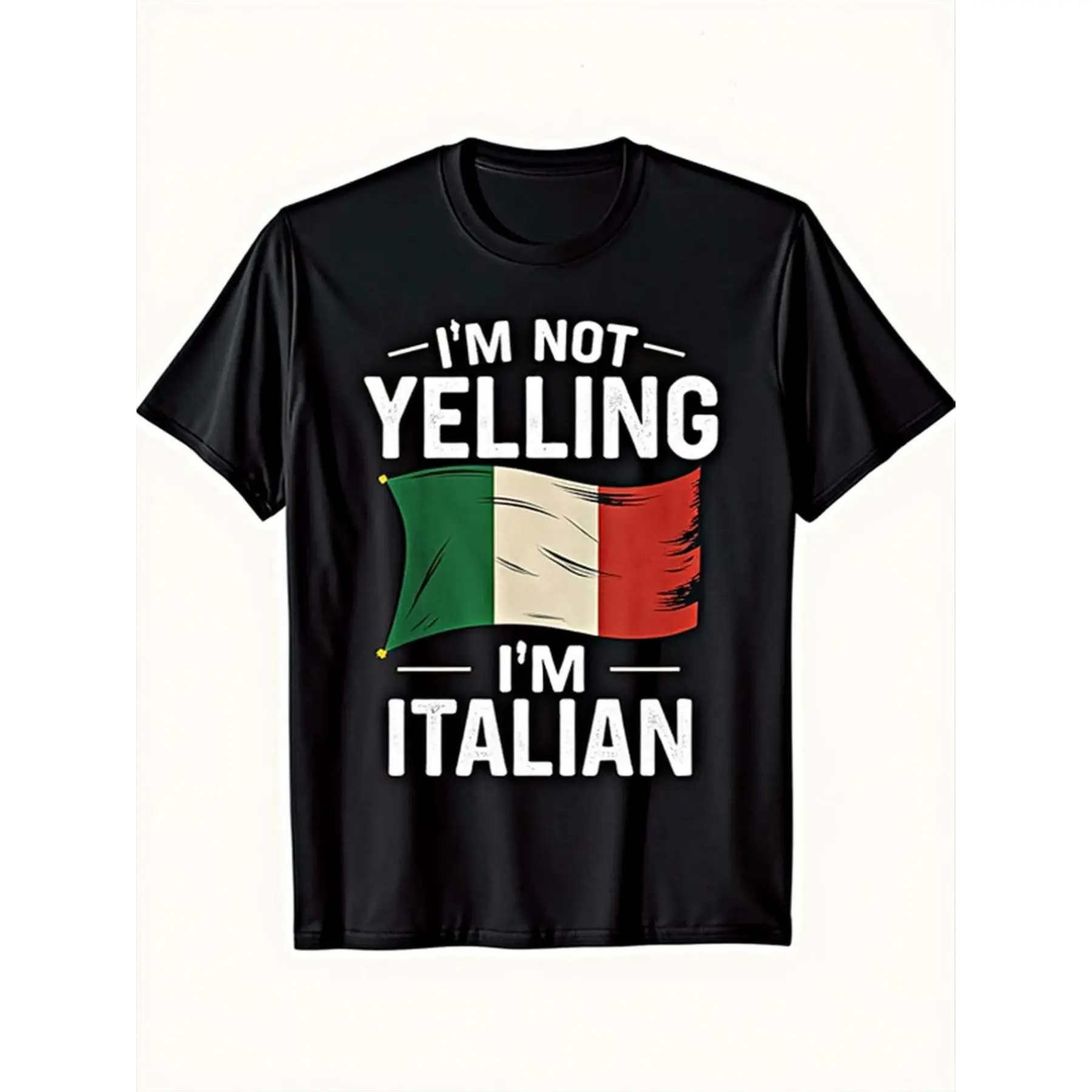 Funny Italian Flag T-shirt - "I'm Not Yelling, I'm Italian" slogan - Black T-shirt in Italian flag colors - Lightweight and breathable short-sleeved shirt - Traditional Italian clothing gift for Italians and Italian-American men