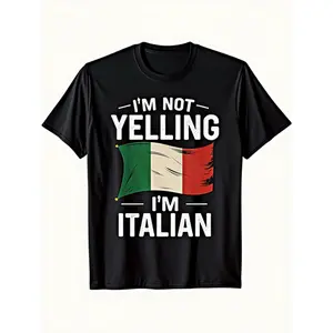 Funny Italian Flag T-shirt - "I'm Not Yelling, I'm Italian" slogan - Black T-shirt in Italian flag colors - Lightweight and breathable short-sleeved shirt - Traditional Italian clothing gift for Italians and Italian-American men