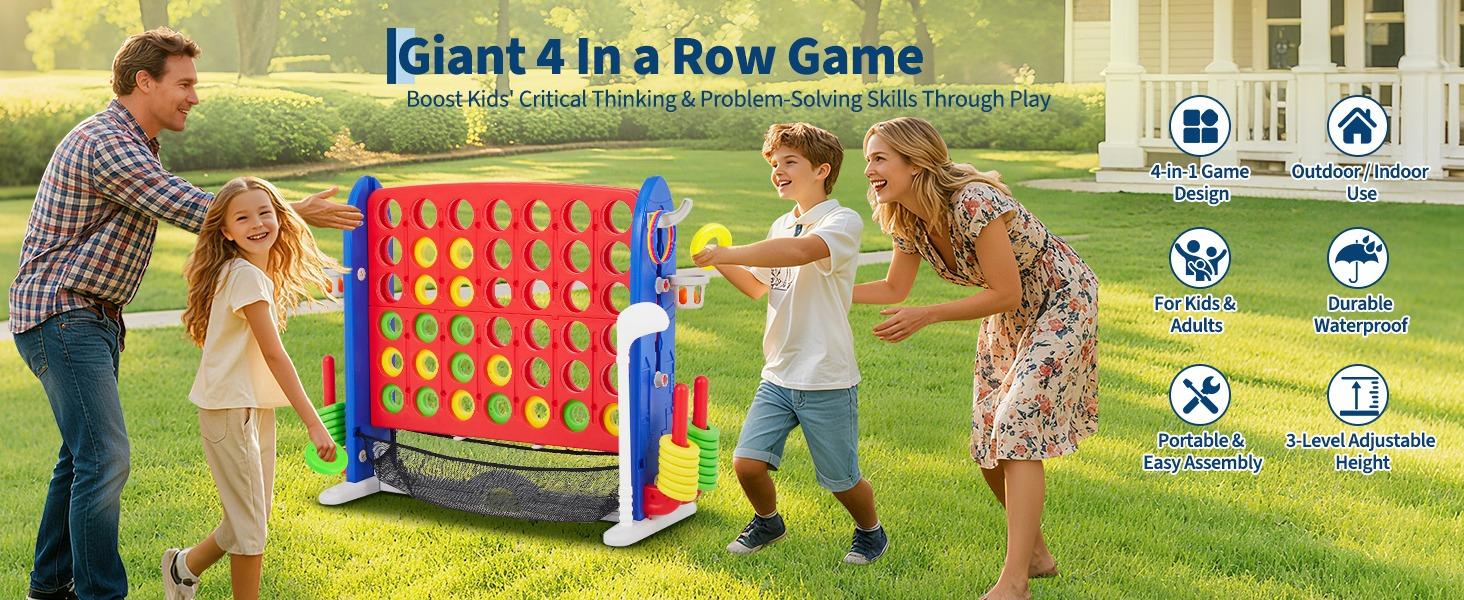 Giant 4 in a Row Game,Adjustable Height Board Jumbo 4-in-a-Row Game with Quick-Release Slider,Mini Basketball,Golf & Ring Toss Set for Family Party, Outdoor & Indoor