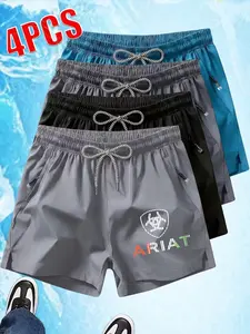 4-Pack Quick Drying Athletic Sport Shorts, Running Fitness Swimming Beach, Outdoor Sports Lovers, Shield Letter Print, Lightweight Water-Repellent Fabric, Unisex