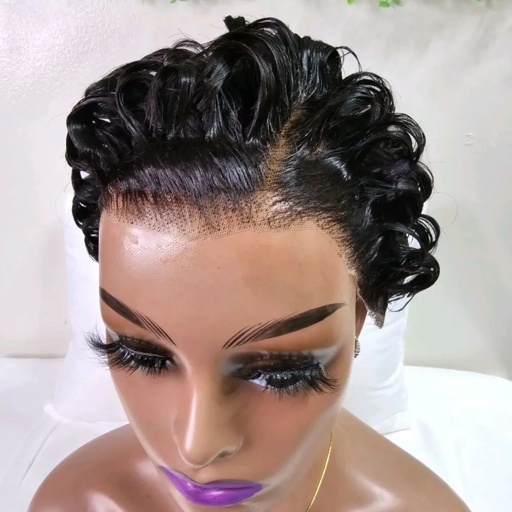13x4 HD Lace Front Wig Short Curly Pixie Cut 100% Human Hair Glueless Deep Wave 13x4 Transparent Lace Front Short Wave Pixie Human Hair Wig  main image 4