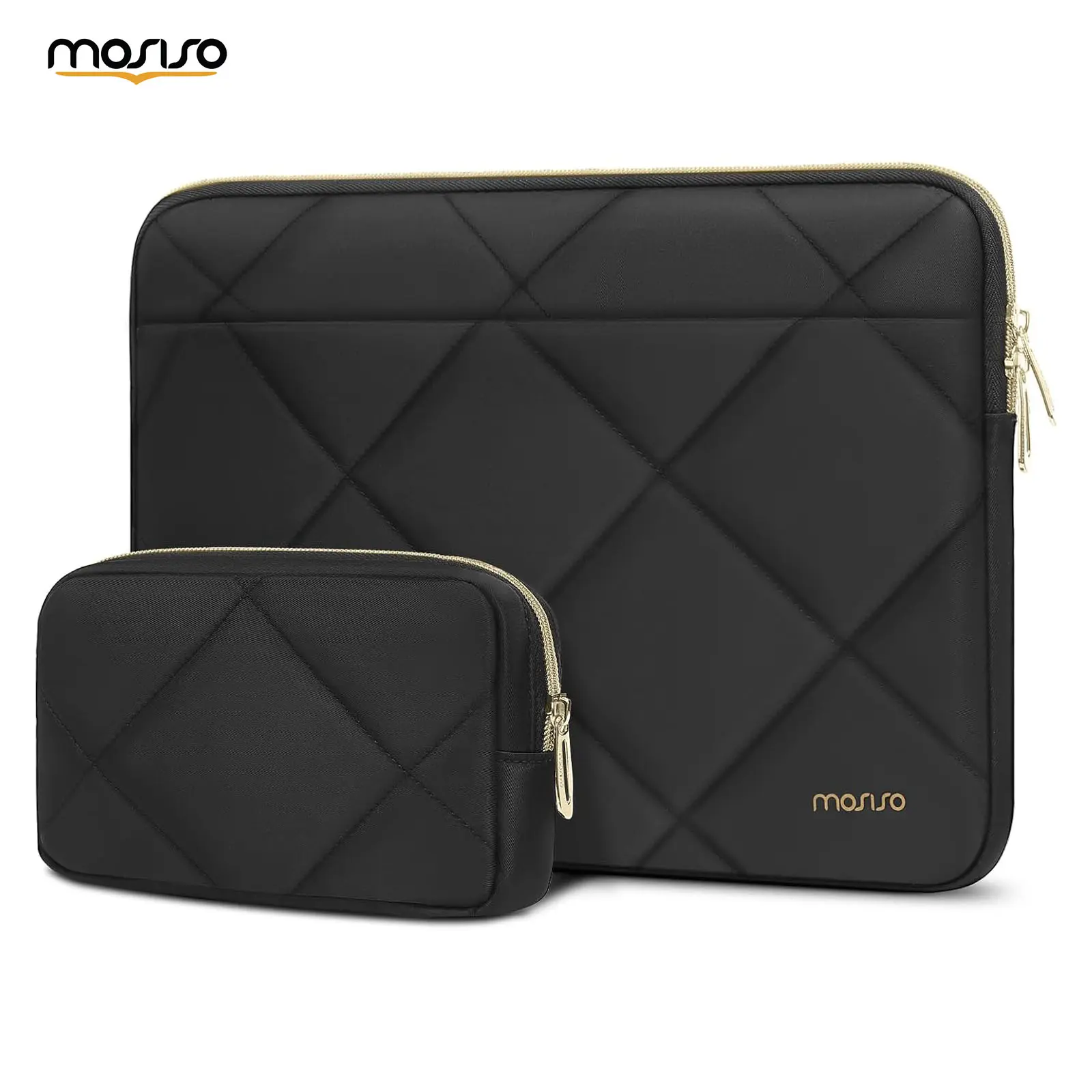 MOSISO Quilted Laptop Sleeve 13.3 Inch, Soft Padded Computer Case with Matching Accessory Pouch, Stylish Rhombus Laptop Bag for MacBook Air Pro, HP, Dell, ASUS & Lenovo, Black