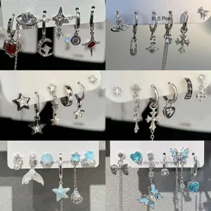 Edgy Ins Cool Girl Earrings Set, Sparkly Full CZ Safety Pin Planet Stud Earrings, Minimalist Statement Ear Jewelry