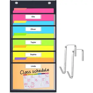 Clear Storage Pocket Chart for Classroom & Office with 5 Nametag Pockets, 2 Overdoor Hangers Included, Hanging Wall File Organizer for File Folders, Assignments, Files, Scrapbook Papers & More