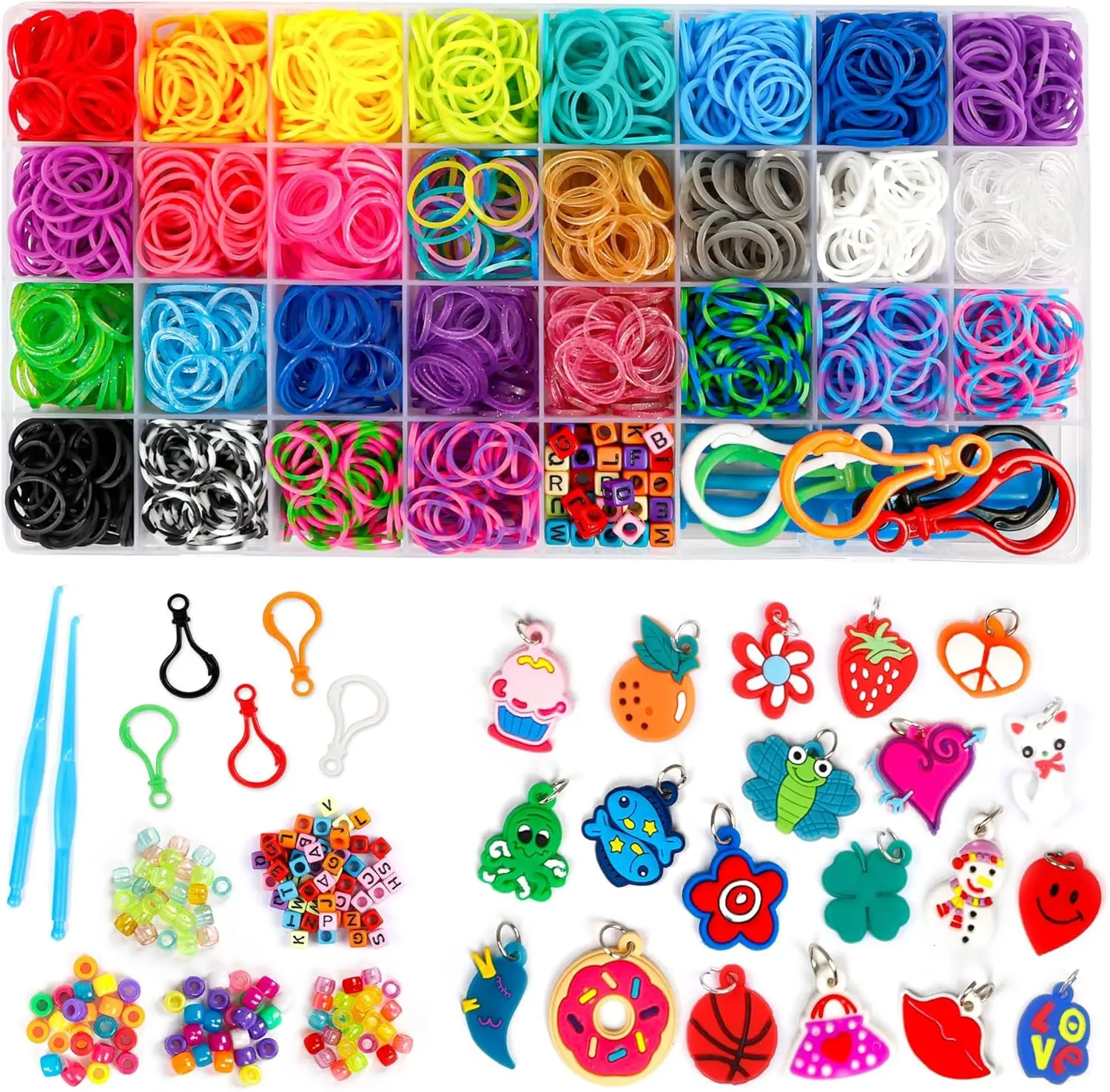 2600+ Loom Bands Set: Colorful Rubber Bands in  with Container, 100 Clips, 152 Beads, 20 Pendant, 5 Backpack Hooks, 1 Instruction