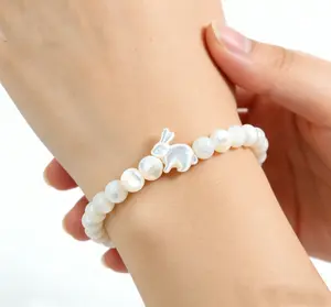 6mm Shell Bead Easter Rabbit Jewelry Handmade Mother of Pearl Bunny Bracelet Dainty Minimalist Gift for Her Women