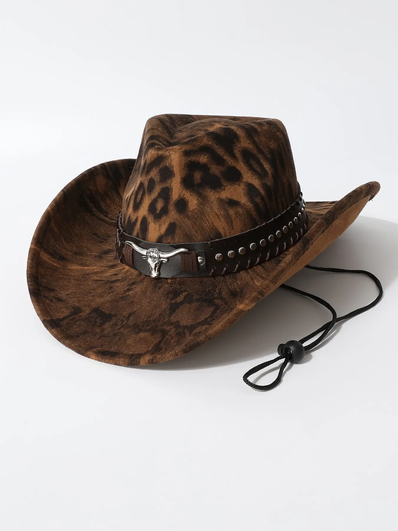 Women's Leopard Print Buckle Cowhide Hat, Vintage Windproof Rope Large Brim Fedora, Western Cowboy Hat, Fashionable Jazz Hat, Adjustable Cowboy Hat, Adjustable Fit Hat