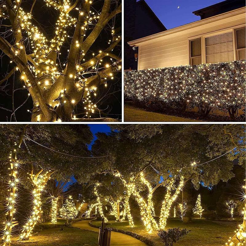 Solar-powered decorative string lights: The warm light version contains 200 LEDs, while the white light version contains 300 LEDs. They support 8 different flashing effects, making them perfect for decorating Christmas scenes, as well as for embellishing
