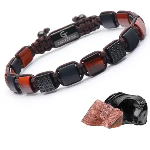 GT Collection Men's Red Tiger Eye & Black Onyx Flat Bead Bracelet with Adjustable Macrame Knot for Spiritual Protection and Energy Boost