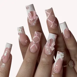 24pcs French Style Press on Nails Coffin Style 3D Deluxe Nail Set with Ballerina Design, Flower, and Bow Tie, Removable False Nails, Stick on Nails, Reusable, DIY Nail Art, Includes nail Adhesive Tabs, nail File, and Manicure Stick