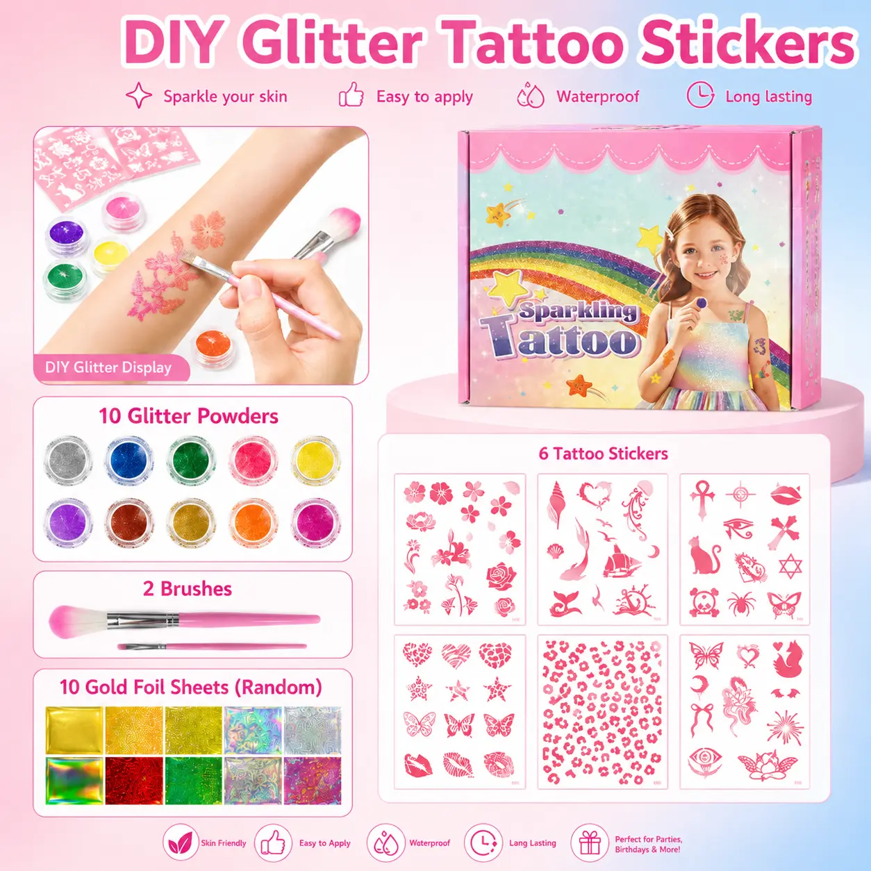 Glitter Temporary Tattoo Kit, 60+ Designs Glitter Tattoos for Body Art, Temporary Fake Tattoos Set, Festival Makeup, Party Accessories, DIY Craft Kit for Women & Adults, Birthday & Summer Party Supplies, Beach Outfit Accessories, Vacation & Seaside Look