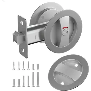 Round Pocket Door Lock with Indicator,1 Pack Satin Nickel Contemporary Privacy Pocket Door Hardware,Flush Pocket Door Latch(2-3/8" Backset) for 1-3/5" to 2-1/8" Thickness Door,Brushed Nickel