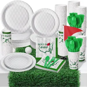 172 PCS 3D Golf Ball Party Supplies with Artificial Grass Table Runners Paper Ball Plates Napkins Dinnerware Set Includes Red Flag Plastic Flag Stand Forks Serve 24 for Birthday Sports