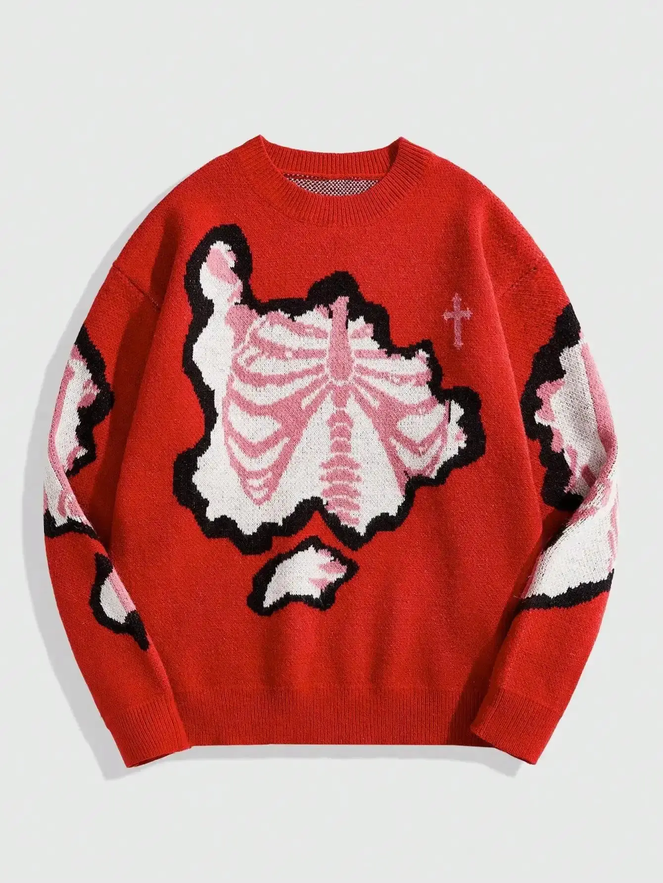 Men's Y2K Sweater Grunge Skull Graphic Long Sleeve Crewneck Knit Jumper Pullover Goth Alternative Sweaters, EverydayLook, AthleisureFit, EverydayWear, BasicStaple, Breathable, RelaxedFit