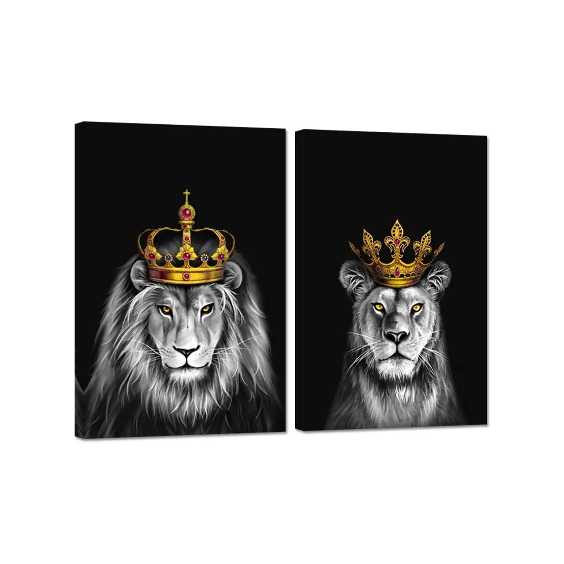 2pcs/set Black Lion King and Lioness Queen Lion Crown Print Painting Wall Art Picture Animal Canvas Prints Home Decoration Poster for Living Room No Frame