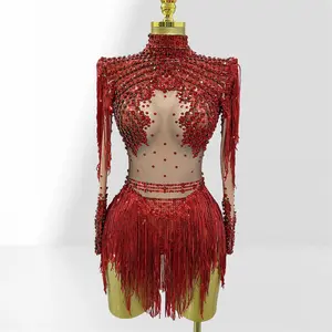 Luxurious Beaded Diamond Embellished Sequin Fringe Bodysuit Party Dress Fashion Woman Party Vestido Stage Performance Costume