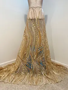 Gold Heavy Beaded Sequins Embroidery Bridal lace Fabric 50” width Sold By The Yard