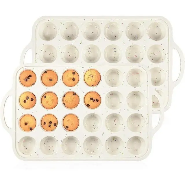 Mini Muffin Pan, 24 Cups Nonstick Silicone Cupcake Pan with Handle, BPA Free, 2 Pcs