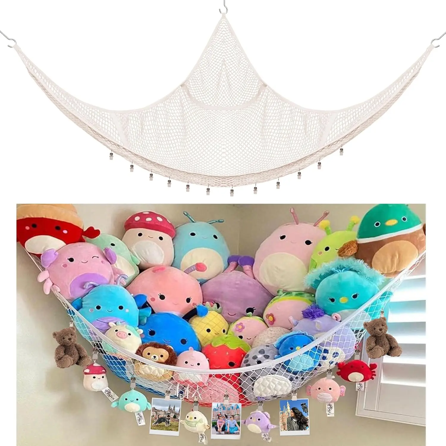 Hangable Stuffed Animal Toy Organizer Storage Hammock, Corner Hanging Net with Anchors and Hooks for Hassle-Free Hanging, Enhances Organization in Toy Room & Nursery (White)