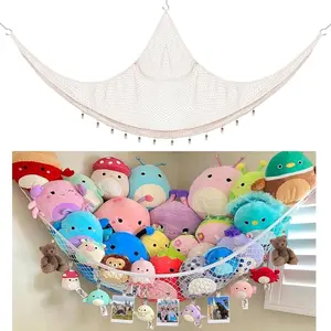 Stuffed Animal Storage Hammock, Corner Hanging Toy Organizer, Stuffed Animal Storage | Easy to Hang Plushie Net - Included Anchors & Hooks | for Toy Room, Nursery Bedroom & Home Decor (White)