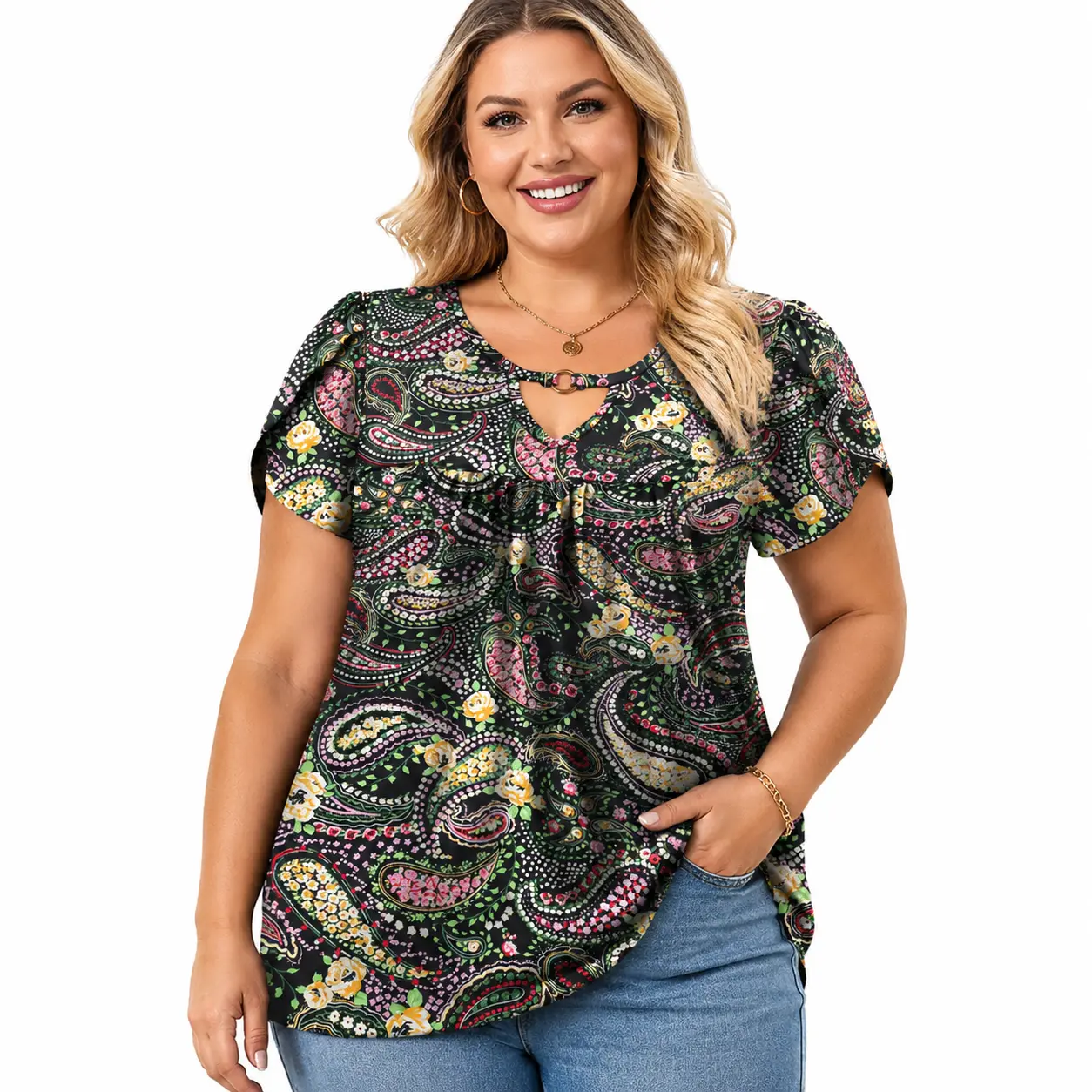 Women's Plussize Tunic Top, Casual Chic Shirts with Feminine Petal Sleeves, Keyhole V-Neck for a Necklace, Flowy Fit Covers Hips, Stretchy