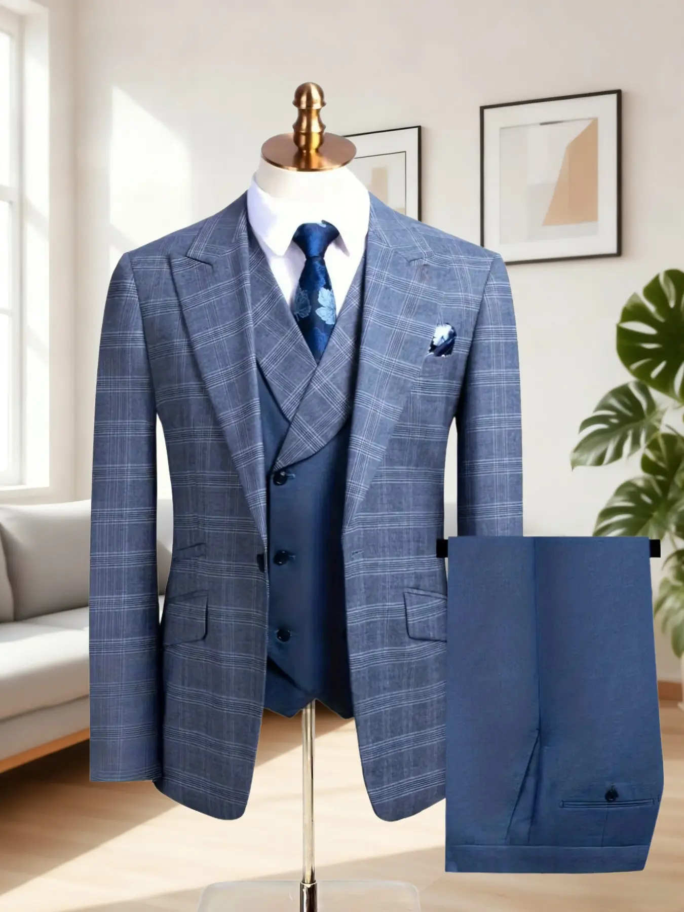 Elegant Men'S 3pcs Plaid Suit - Tailored Suit Menswear Slim Fit Tuxedo Set for Weddings & Formal Occasions, Suit, Blazer & Pants, Long Sleeve, Perfect for Office Meetings and Elegant Events, Formal Attire|Slim Fit Suit|Durable Wedding Wear