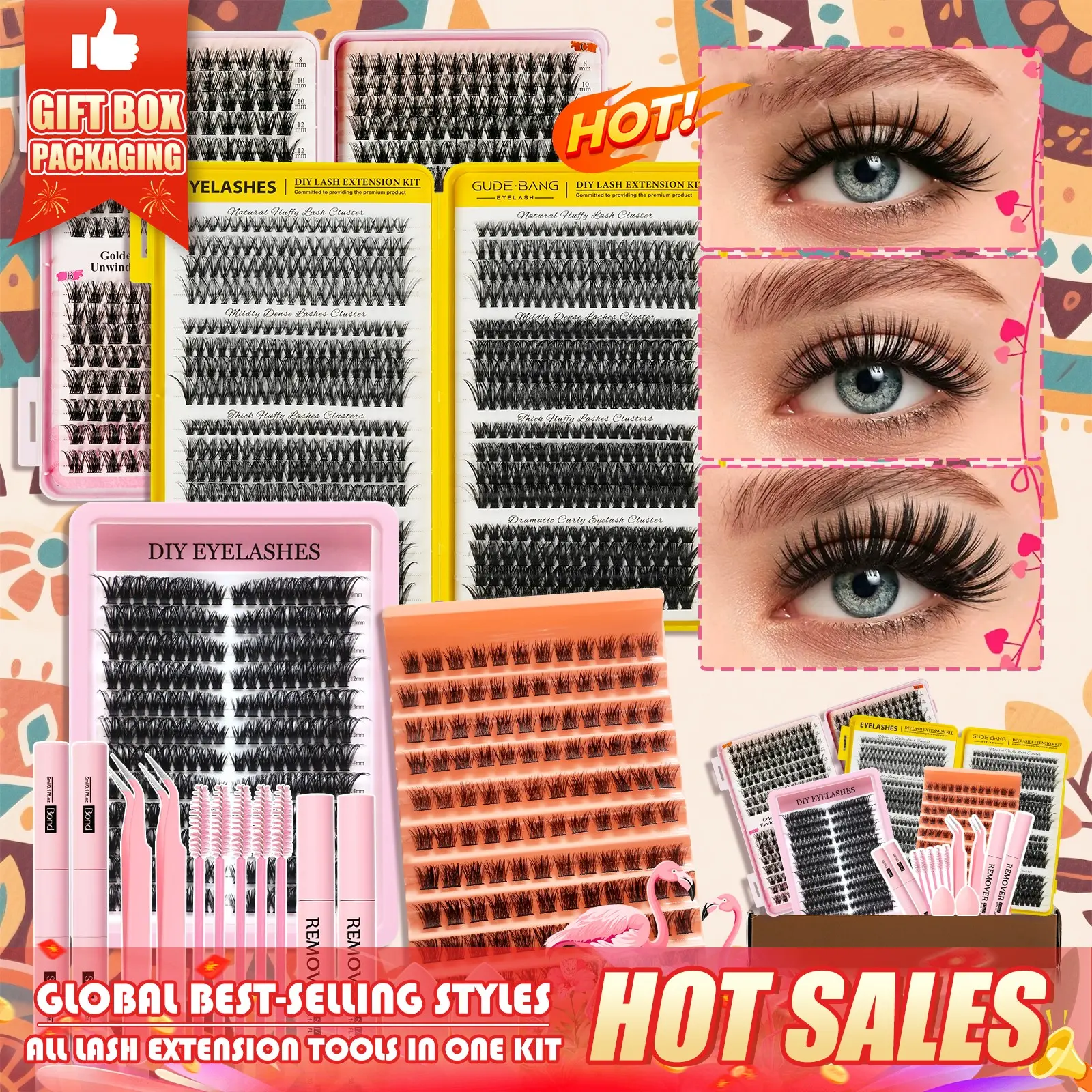 Cluster Lash Extension Kit, Diy Eyelash Extensions, Diy Eyelashes Kit, 30D 40D 50D 60D Natural Styles, Soft & Lightweight, with Bond & Seal, Remover, Tweezers, Brush, Makeup sponge, Easy DIY Eyelashes at Home, Salon Look at Home, Long-Lasting Effection