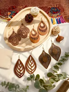 Boho Style Hollow Out Leaf & Water Drop Design Dangle Earrings, Fashion Jewelry for Party, Daily Clothing Decor, Trendy All-match & Exquisite Jewelry for Birthday Gift, Elegant Wooden Earrings