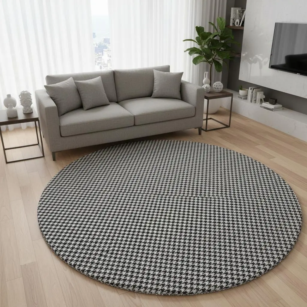 HomeRoots 645172 8 ft. Black-and-White Houndstooth Washable Round Area Rug, Stainproof, Antislip, Durable, Full-Sized, with UV Protection, Stainproof Area Rugs, Antislip Area Rugs