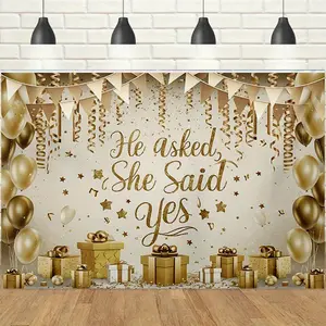 1pc, 2d, He Asked She Said Yes Engagement Backdrop, Luxury Gold Foil Balloon Gift Box Design, Bridal Shower Party Banner, Perfect for Proposal, Engagement, Wedding Decor, Photo Booth Background
