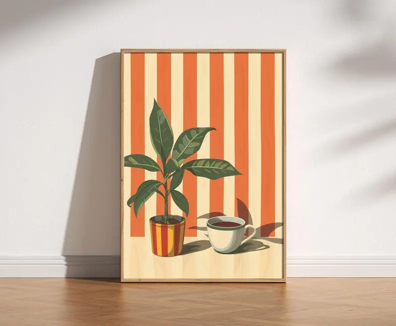 [Unframed] Retro Coffee Print, Retro Cafe, Coffee Art, Warm Stripes, Food Drink Kitchen Poster, Dining Room Art, Coffee Lover Gift, Plants, Minimalist