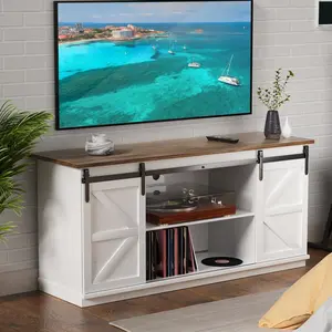 TV Stand For Living Room, Mid Century Modern Entertainment Center With Sliding Barn Doors And Storage Cabinets, Metal Media TV Console Table For TVs Up To 65" Wall Mounted Floating Lights
