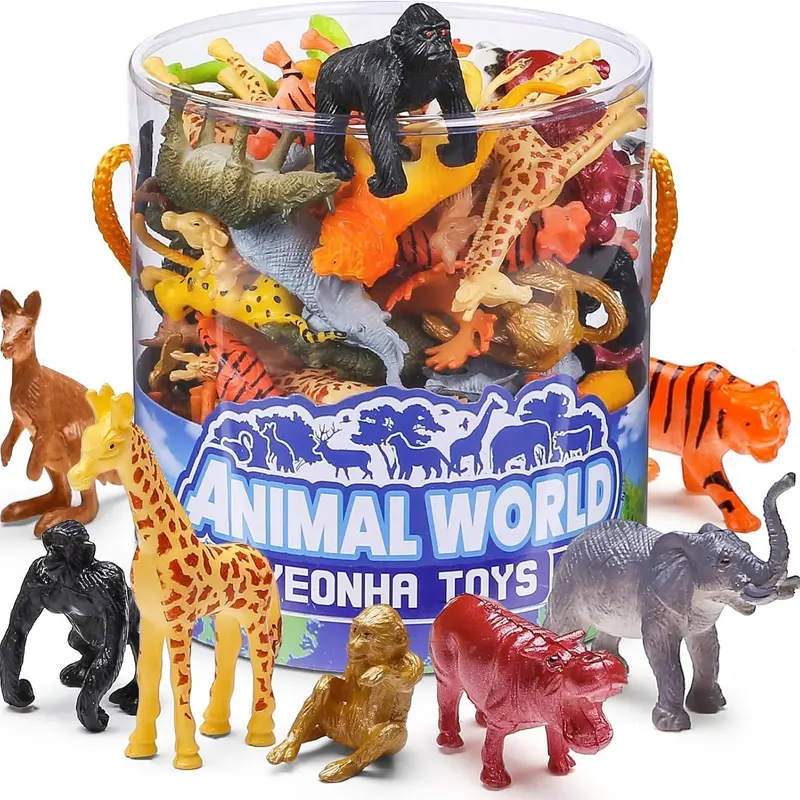 Yeonha Toys 60 Piece Mini Zoo Animal Toy with Gift Box, Realistic Small Plastic Animal Figure Sensory Bins, Jungle Party Favors, Cupcake Topper, School Education, Birthday Gifts for Kids Toddlers