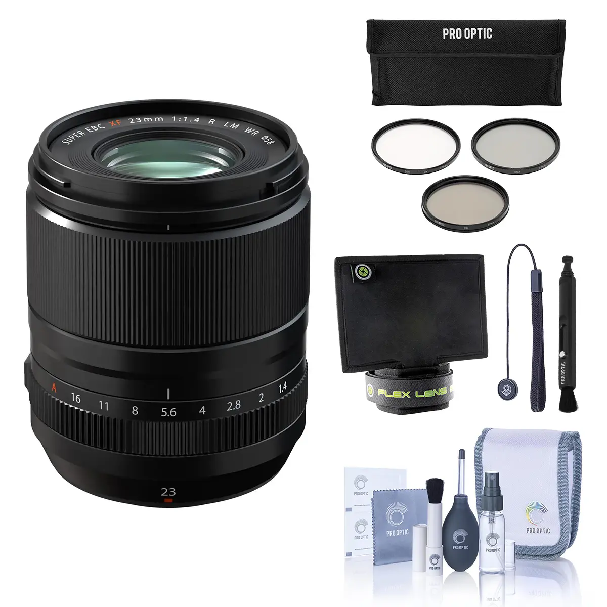 Fujifilm XF 23mm f/1.4 R LM WR Lens, Black, Bundle with 58mm Essentials Filter Kit, Lens Shade, Cleaning Kit, Lens Cap Tether