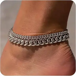 Silver Ankle Bracelets For Women Waterproof Chunky Cuban Link Chain Silver Ankle Bracelet Trendy Large Layer Anklet Set Jewelry Gift Jewellery Elegant Fashion Accessories Anklet Layered Anklet