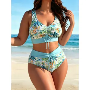 Women's Plus Size Bikini, Tropical Print Bikini Set, Drawstring Front Top and High Waisted Bottom, Slim Fit Swimwear,Bathing Suit for Women, Perfect for Beach, Pool & Resort Wear