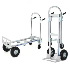 Heavy Duty 2-in-1 Aluminum Hand Truck & Platform Cart, 700lbs Capacity Convertible Utility Dolly with 10" Pneumatic Wheels, Folding Portable Push Cart for Warehouse, Office, Construction & Outdoor Moving, Rustproof Lightweight Frame, Silver