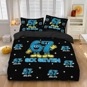 67 Internet Meme-Themed 3-Piece Bedding Set (1 Duvet Cover + 2 Pillowcases), "67 Digital Party" Cartoon Print Soft and Comfortable Bedding Set for Room Decor, Decorative Bedding Set, Trendy Digital Enthusiasts and Gift Giving