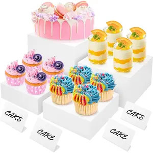 8" Buffet Risers with Mini Signs, Buffet Table Risers and Stands,  Cube Display Box for Catering Party Table  Display, Dessert, Cakes - White, Set of 4 Boxes (4 Pack)