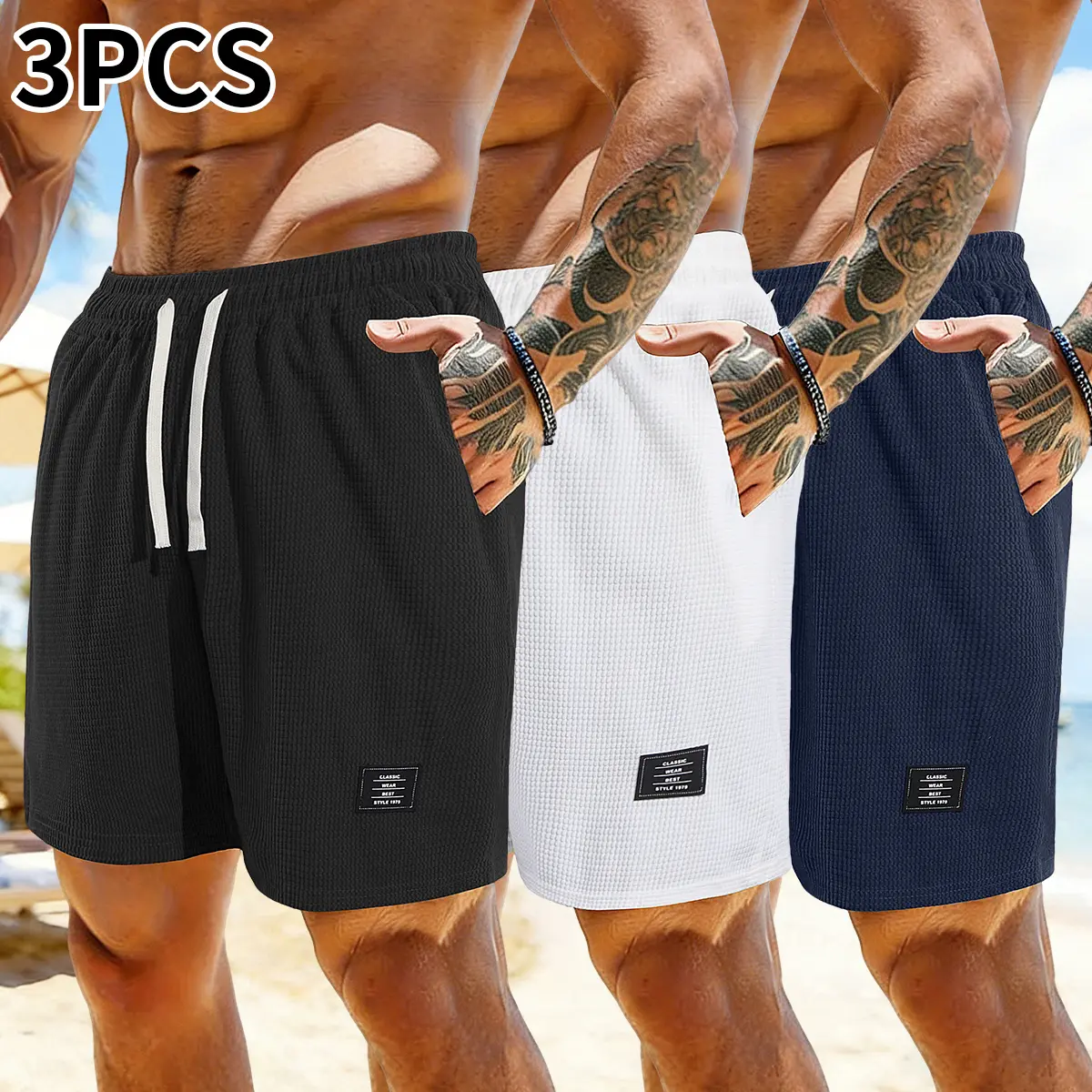 Menswear Men's Shorts (Pack of 3) - Men's Casual Corduroy Shorts, Solid Color, Side Pockets, Elastic Drawstring Waistband, Suitable for Everyday Wear, Vacations