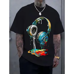 Men's Navy Blue Pattern T-shirt with Vibrant Headphone Print, Casual Fashion, Short Sleeve Round Neck T-shirt, Suitable for Summer Fashion and Street Fashion |     Pattern Printed Shirt |   Holiday gifts, birthday gifts, fashionable and comfortable, unise