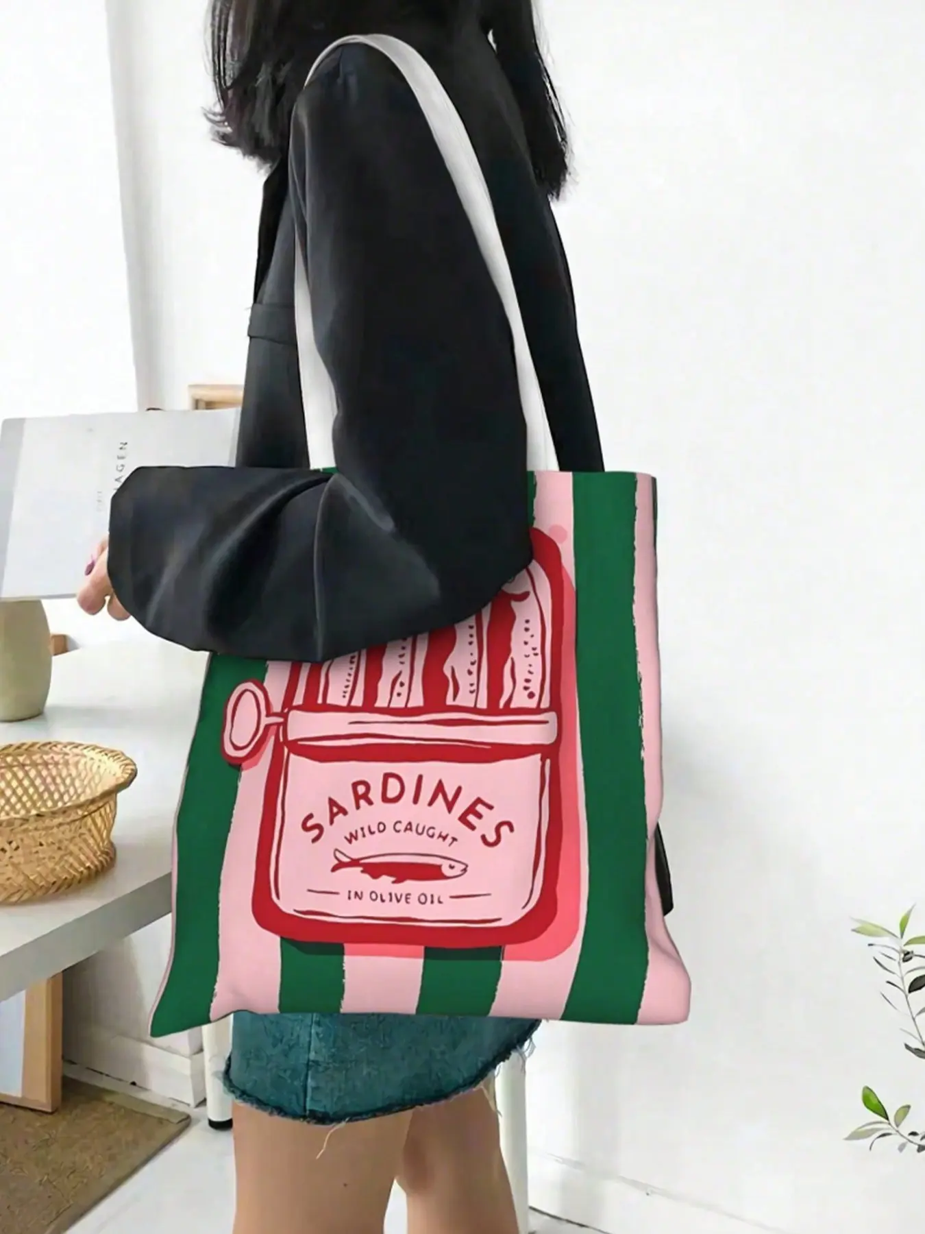 2pcs Women's Reusable Handbags Set, Colorful Striped Sardine Print Polyester, Shoulder Strap Design, Beach Picnic Valentine Gift