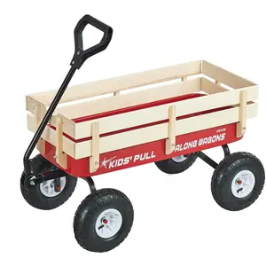 【FathersDayGift】VEVOR Pull-Along Wagon for Kids, 39 inch Toddler Wagons with Wooden Panels & Handle, Supports up to 330 lbs, All-Terrain Utility Wagon Cart Birthday Present for Kids Gardening Beach, Red