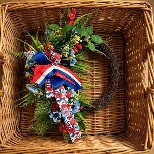 Elegant Patriotic Floral Decoration, Blue Flowers with Mixed Ribbon Bow, Rustic Independence Day Memorial Day Porch Decor