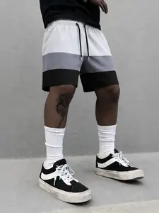 Mens Streetwear Color Block Shorts Techwear Patchwork Board Shorts Quick Dry Breathable Gym Bottoms Hip Hop Style Trunks Urban Casual Summer Wear Grey White Black Contrast Paneled Shorts Lightweight Non Cotton Sporty Trousers Loose Fit Knee Length Cargo