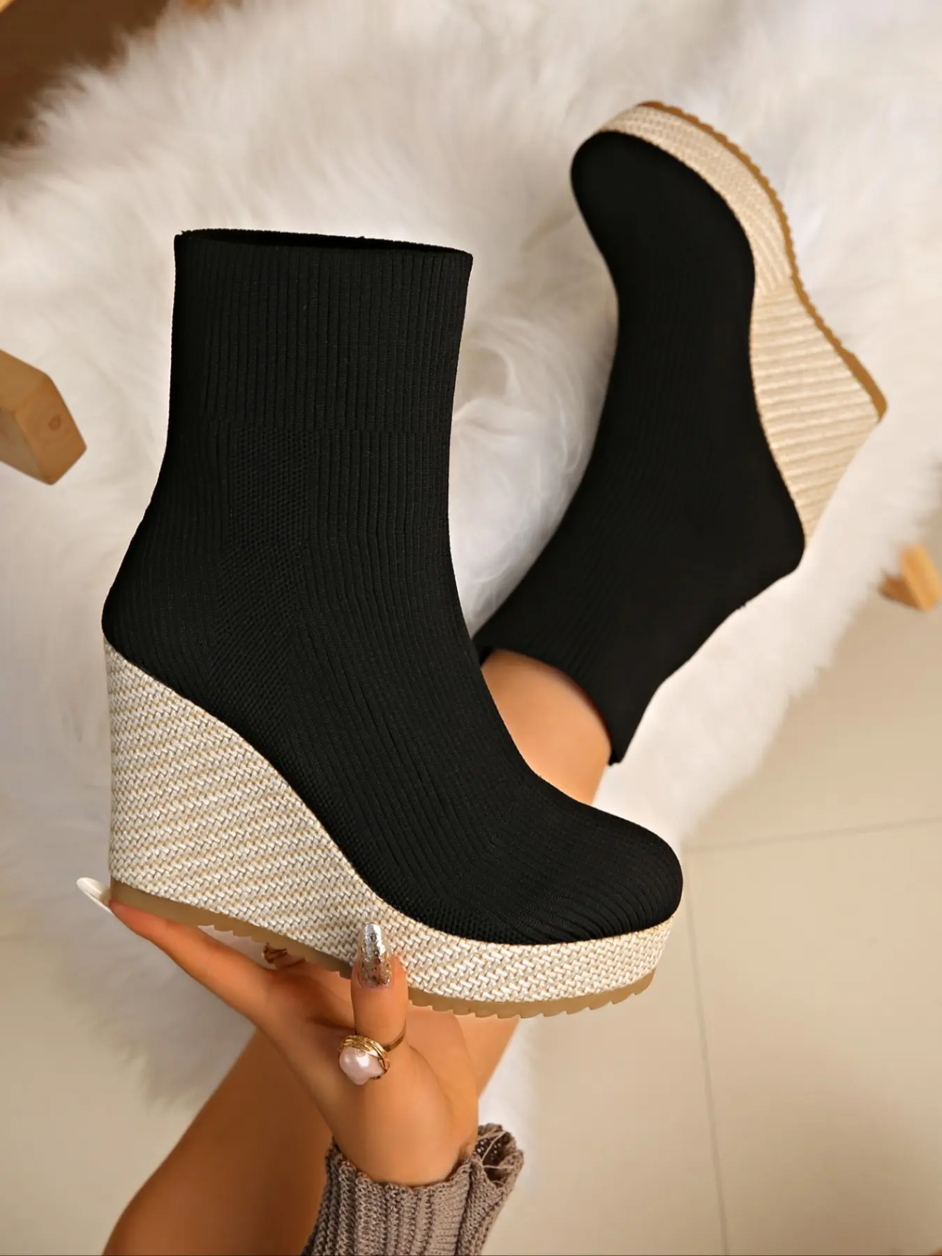 Women's Wedge Heel Elastic Pull on Round Toe Boots, Comfortable Tight-Fitting Ankle Booties, High Platform Knitted Fabric Shoes for Fall/winter Fashion, Casual Ankle Boots